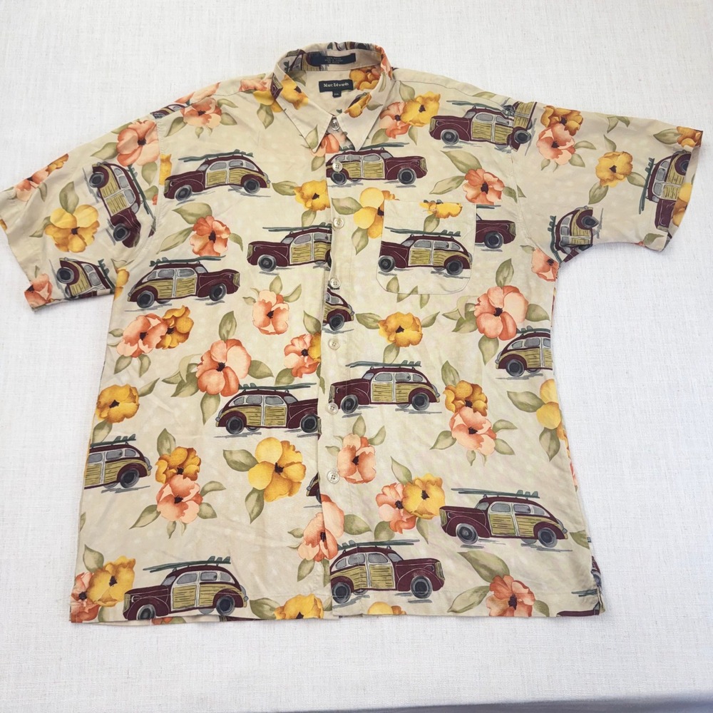 Marc Edwards Mens XXL Rayon Aloha Shirt Vintage Woody Car Surfboard Hibiscus Tan
